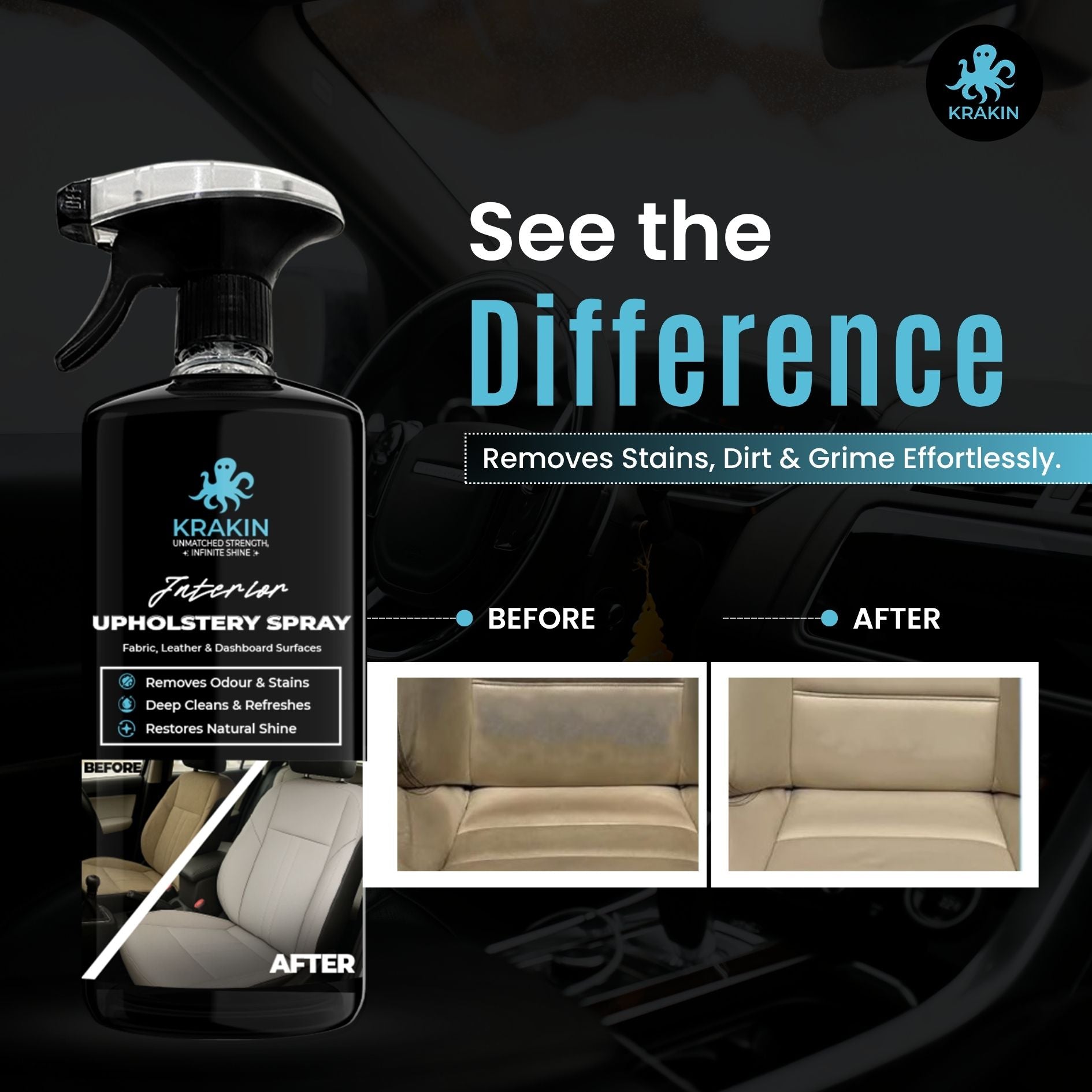 KRAKIN Car Interior & Upholstery Cleaner | Deep Cleans Fabric, Leather & Car Interiors | Removes Stains, Dirt & Odour, Easy Spray-On Formula