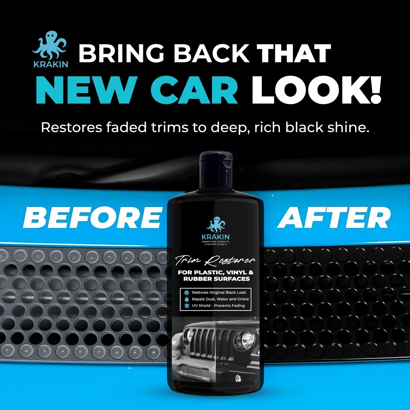 KRAKIN Black Trim Restorer for Car & Bike | Gives Original Black Look for Plastic, Vinyl & Rubber Surfaces | Restores Faded Exterior Trim & Bumpers - Zero Dust Attraction