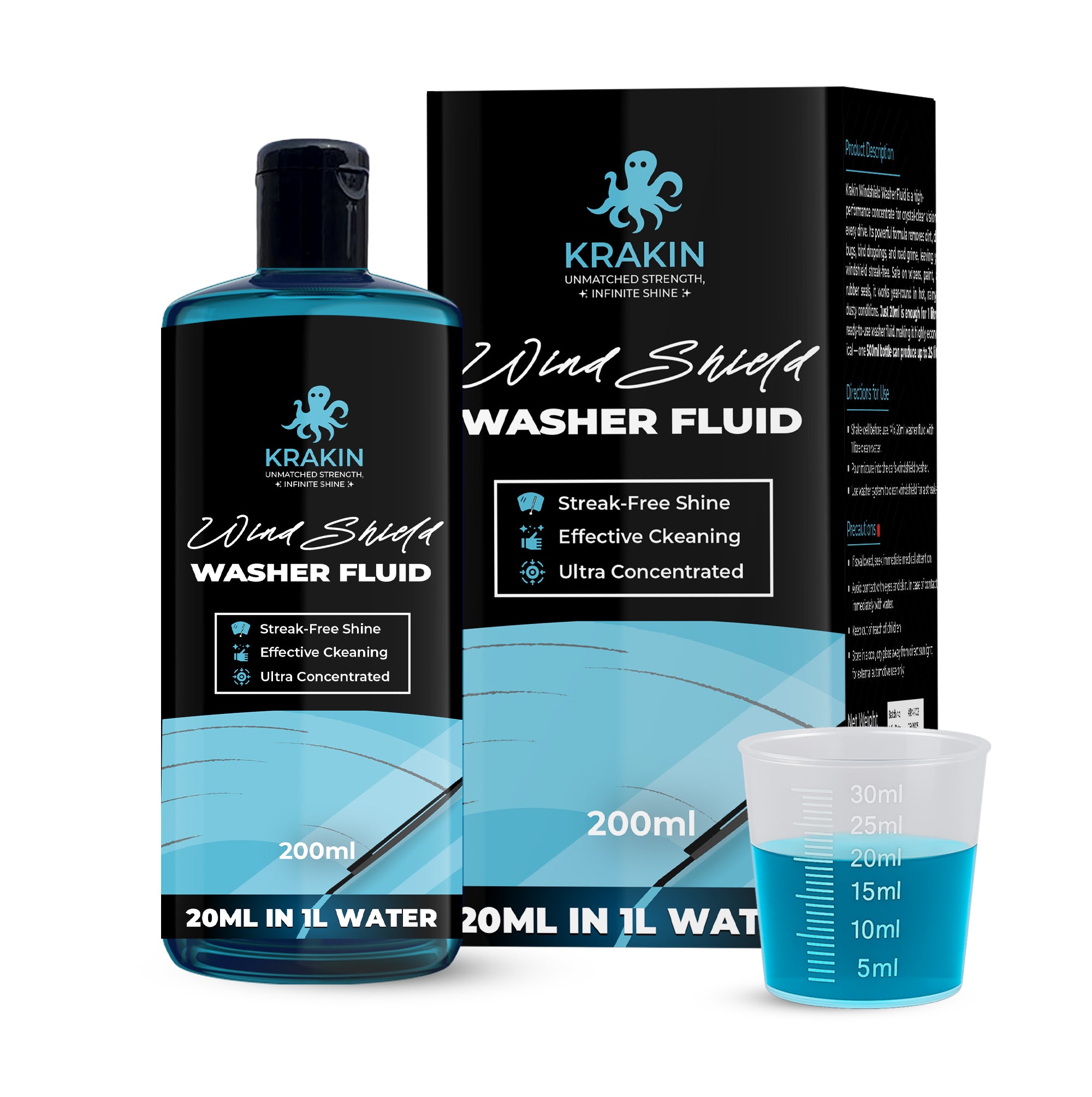 KRAKIN Windshield Washer Fluid For Car (20ML in 1L Water) | Highly Concentrated Wiper Liquid For Streak-Free Crytal Clear Shine | Lubricates Wipers, Removes Bugs, Grime & Water Spots