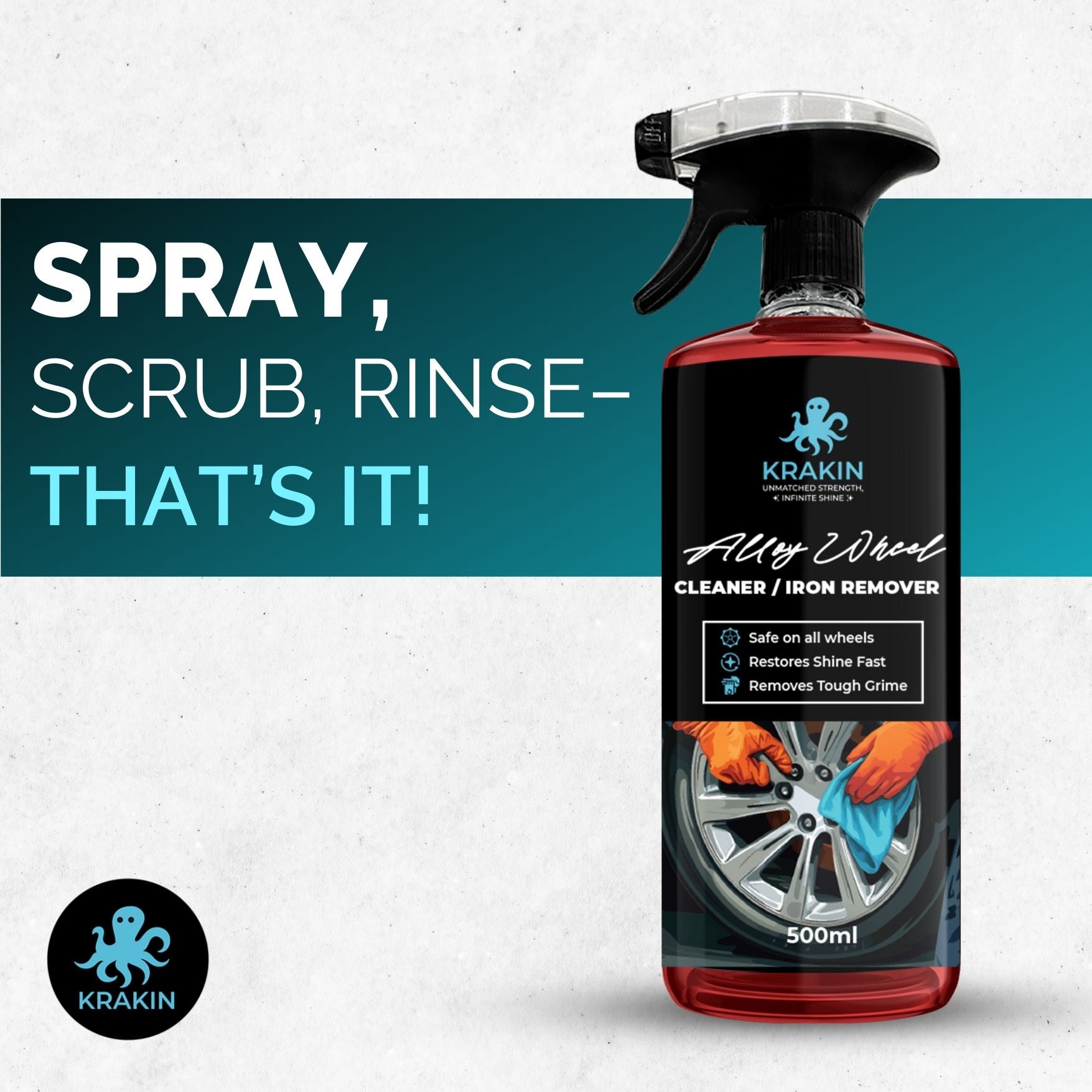 KRAKIN Alloy Wheel Cleaner | Removes Iron Contaminents, Brake Dust & Grease | Restores Glossy Shine | Safe On All Types Of Alloy, Easy Spray-On Formula