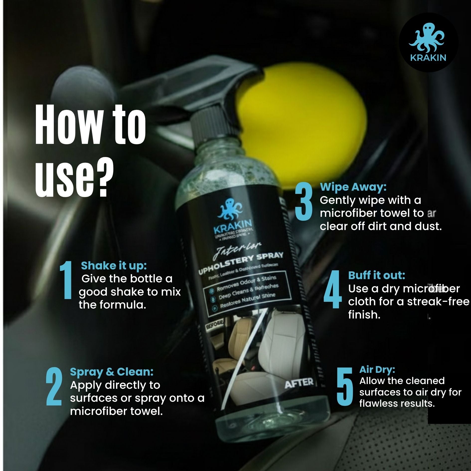 KRAKIN Car Interior & Upholstery Cleaner | Deep Cleans Fabric, Leather & Car Interiors | Removes Stains, Dirt & Odour, Easy Spray-On Formula
