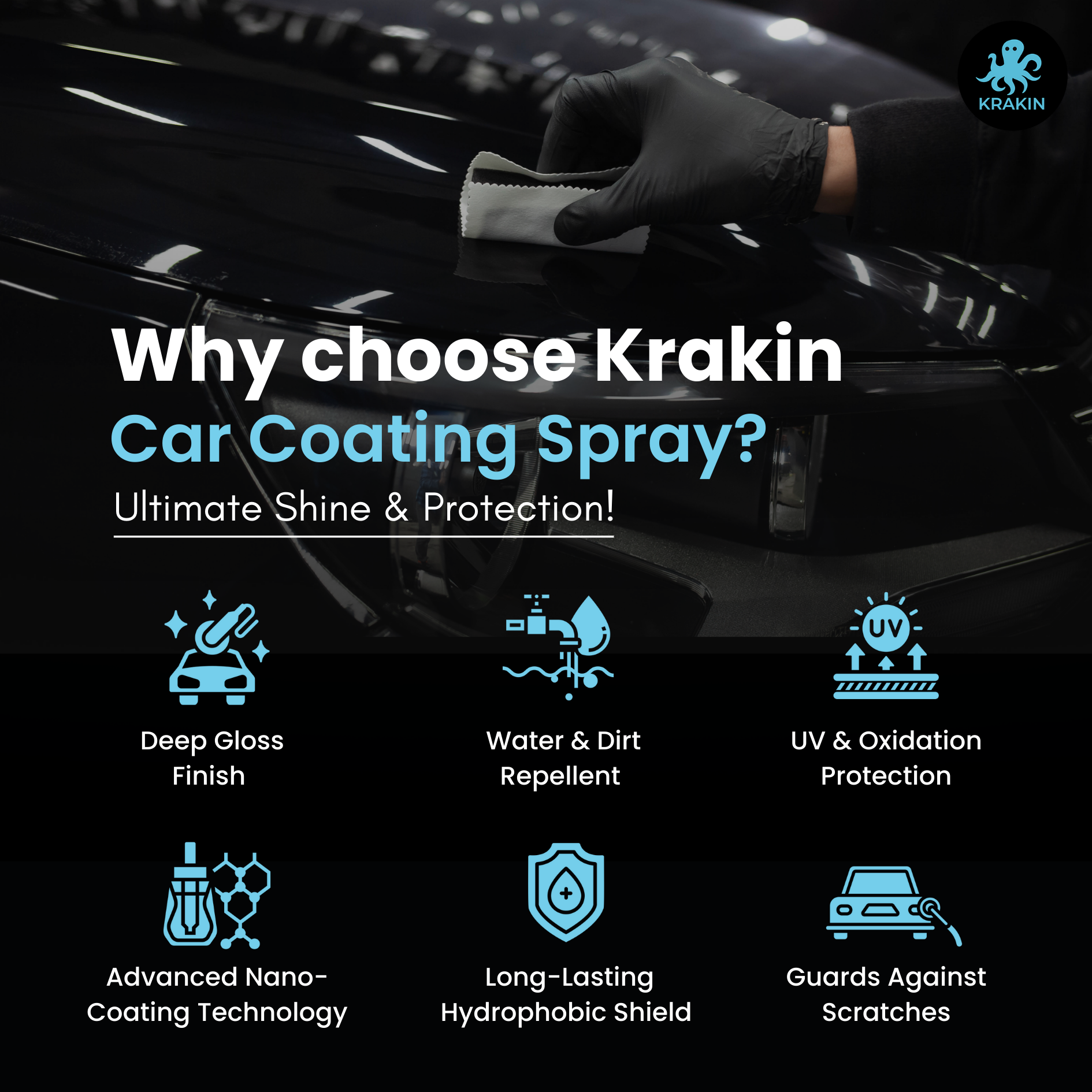 KRAKIN Ceramic Coating For Car & Bike (500ml) | Gives Ultra Gloss & Hydrophobic Protection | Water & Dirt Repellent,Easy Spray-On Formula
