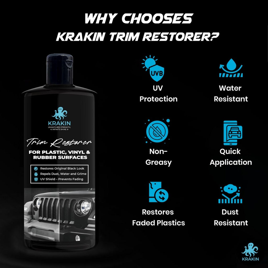KRAKIN Black Trim Restorer for Car & Bike | Gives Original Black Look for Plastic, Vinyl & Rubber Surfaces | Restores Faded Exterior Trim & Bumpers - Zero Dust Attraction