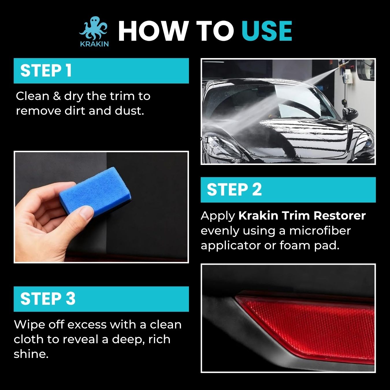 KRAKIN Black Trim Restorer for Car & Bike | Gives Original Black Look for Plastic, Vinyl & Rubber Surfaces | Restores Faded Exterior Trim & Bumpers - Zero Dust Attraction