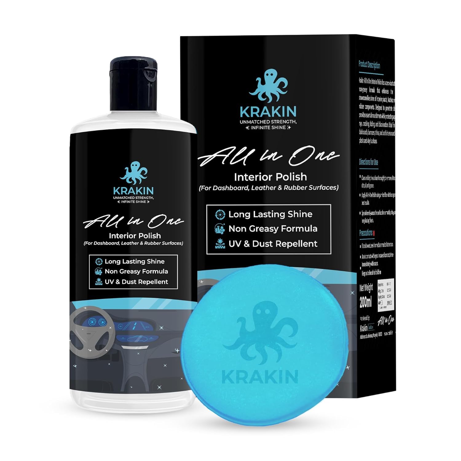 KRAKIN Car Interior Polish | For Dashboard, Rubber, Leather & Plastic Parts | Gives New Like Gloss & Shine With Zero Dust Attraction & Long Lasting Effect