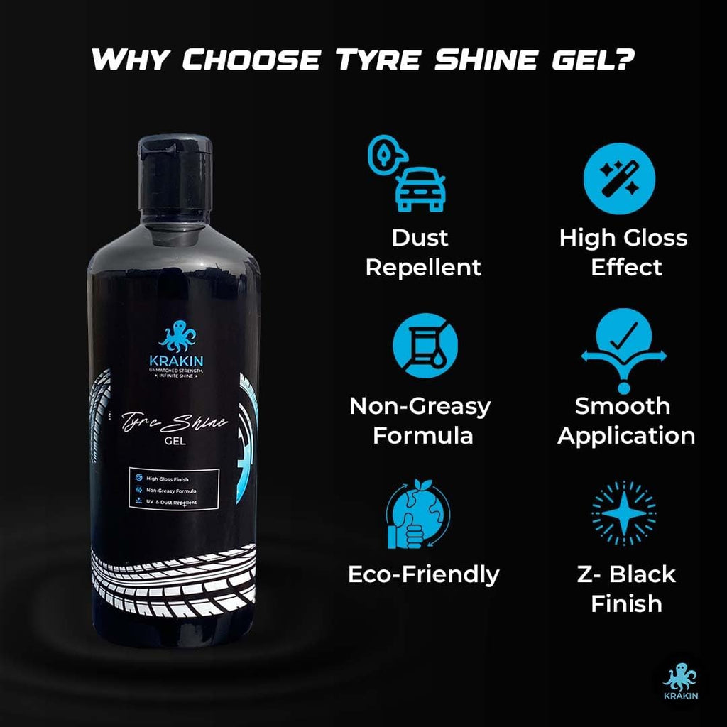 KRAKIN Tyre Shine Gel for Car & Bike | Gives Tyre Wet & Glossy Look | Tyre Polish for Zero Dust Attraction & Streak-Free Black Finish