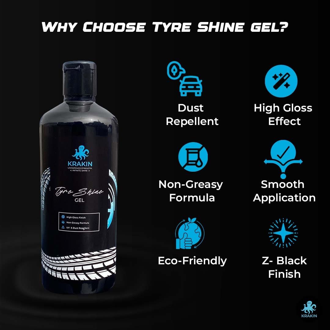 KRAKIN Tyre Shine Gel for Car & Bike | Gives Tyre Wet & Glossy Look | Tyre Polish for Zero Dust Attraction & Streak-Free Black Finish