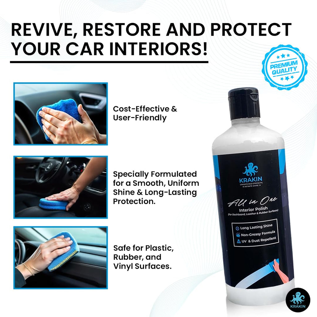 KRAKIN Car Interior Polish | For Dashboard, Rubber, Leather & Plastic Parts | Gives New Like Gloss & Shine With Zero Dust Attraction & Long Lasting Effect
