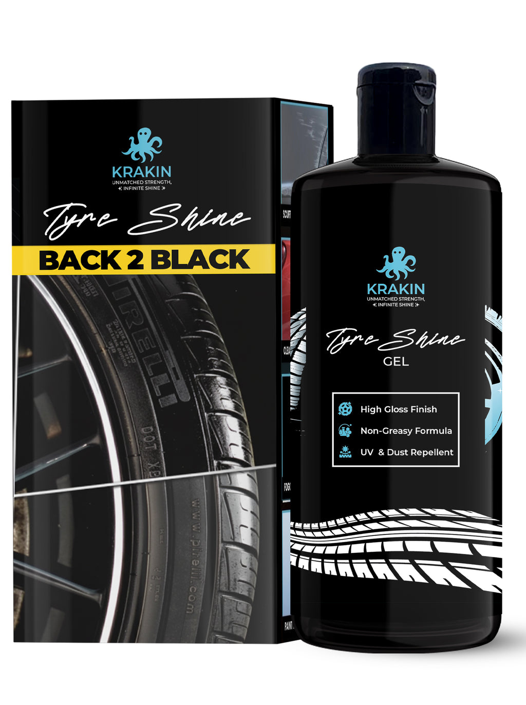 KRAKIN Tyre Shine Gel for Car & Bike | Gives Tyre Wet & Glossy Look | Tyre Polish for Zero Dust Attraction & Streak-Free Black Finish
