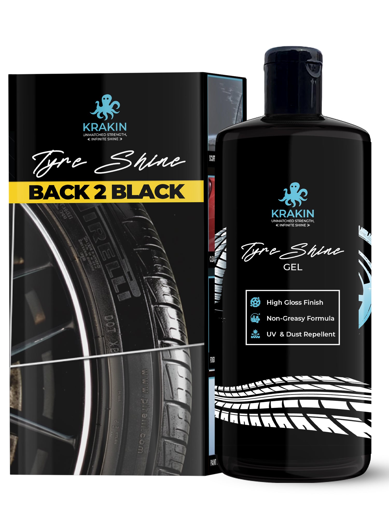 KRAKIN Tyre Shine Gel for Car & Bike | Gives Tyre Wet & Glossy Look | Tyre Polish for Zero Dust Attraction & Streak-Free Black Finish