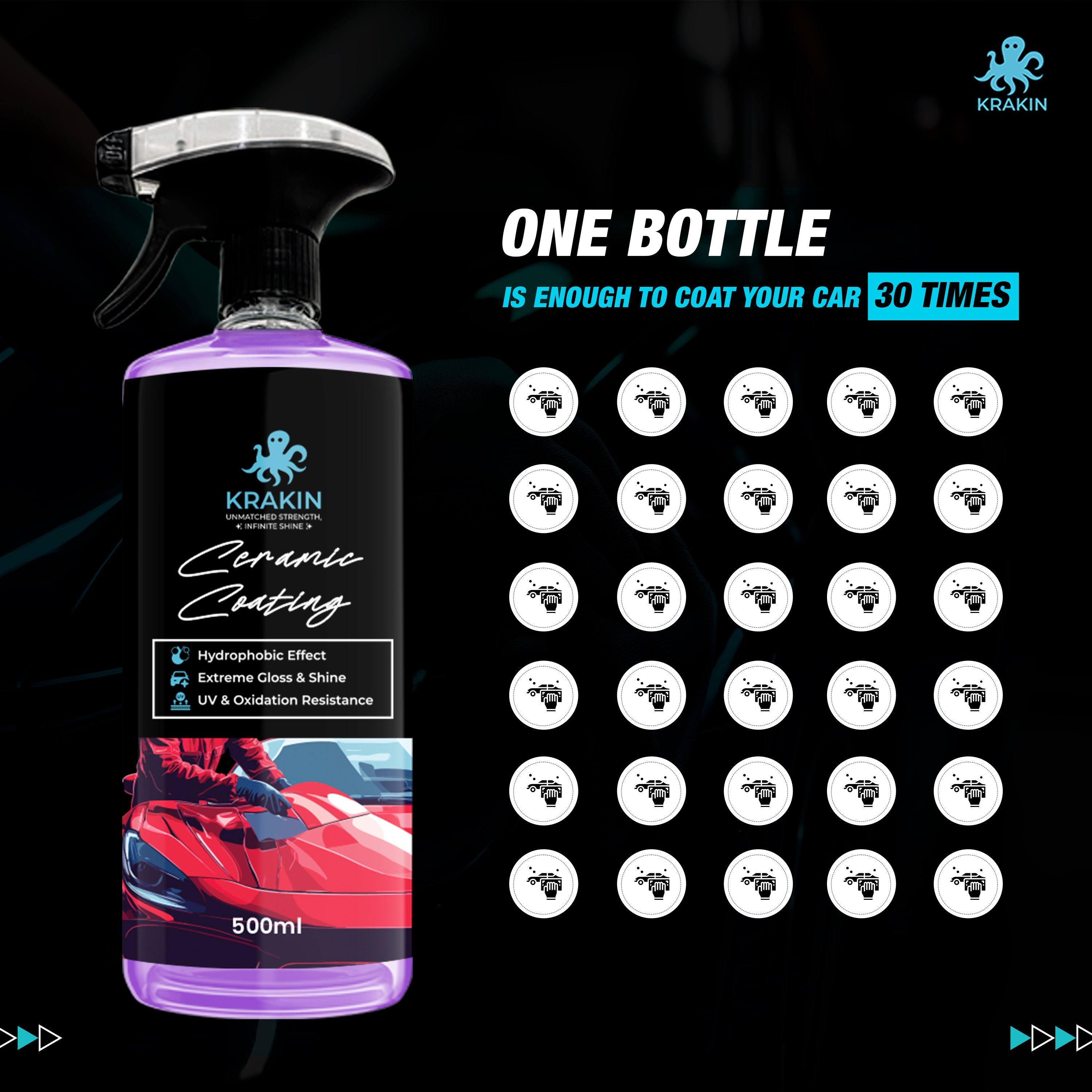 KRAKIN Ceramic Coating For Car & Bike (500ml) | Gives Ultra Gloss & Hydrophobic Protection | Water & Dirt Repellent,Easy Spray-On Formula