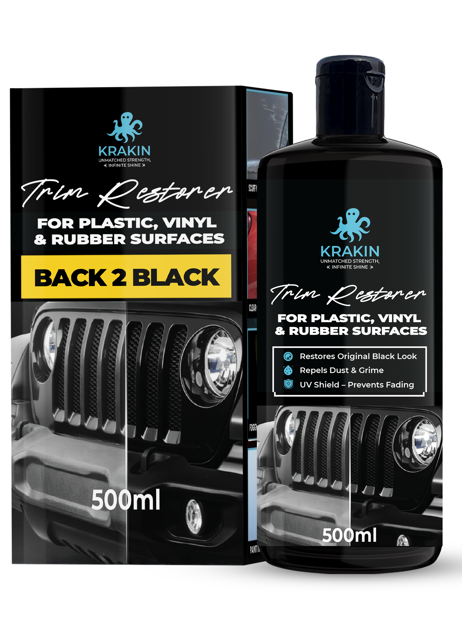 KRAKIN Black Trim Restorer for Car & Bike | Gives Original Black Look for Plastic, Vinyl & Rubber Surfaces | Restores Faded Exterior Trim & Bumpers - Zero Dust Attraction